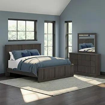 Shaehartin Panel Headboard bed in dark wood with dresser and mirror, blue bedding on Tampa Home & Garden Store