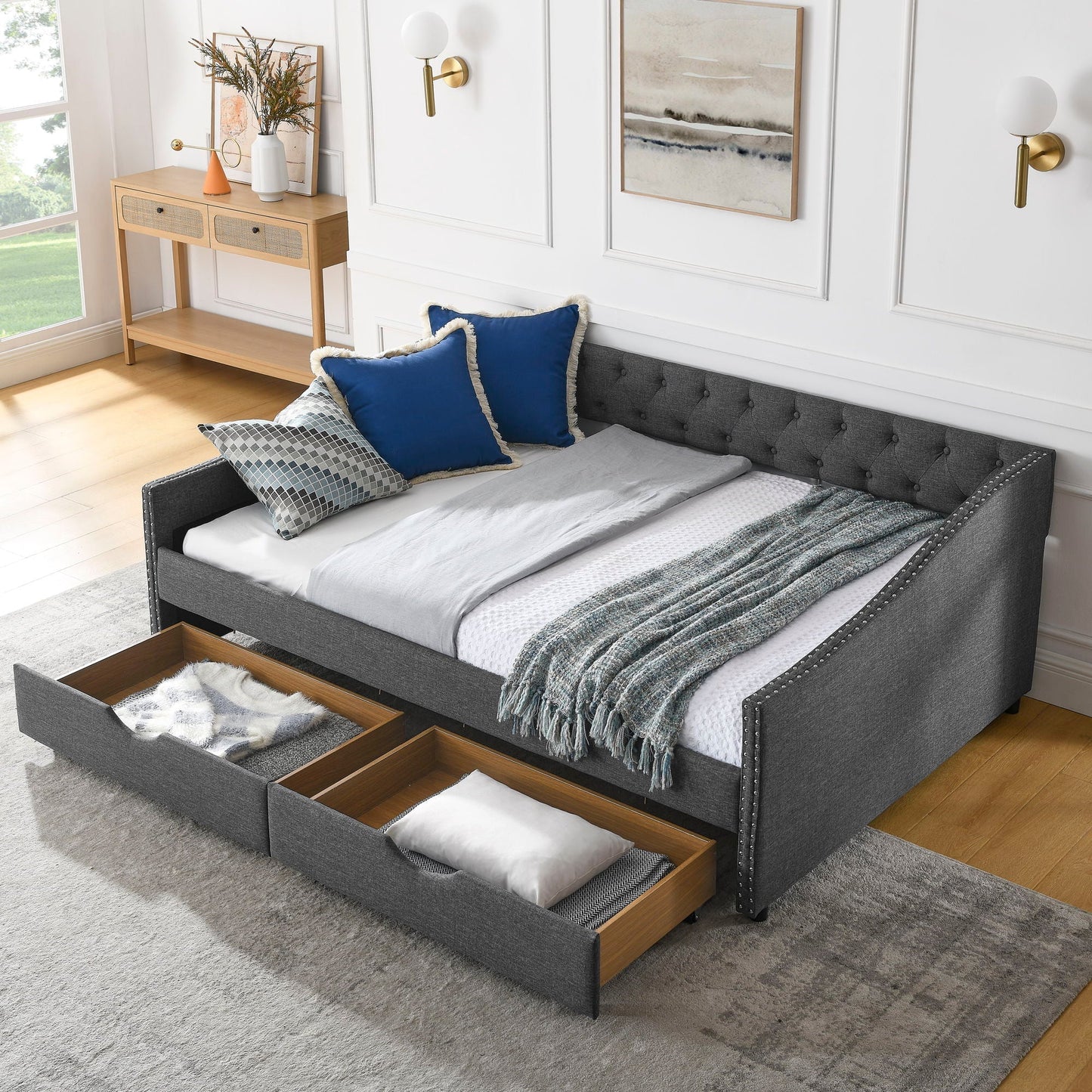 Upholstered Tufted Daybed and Storage Drawers