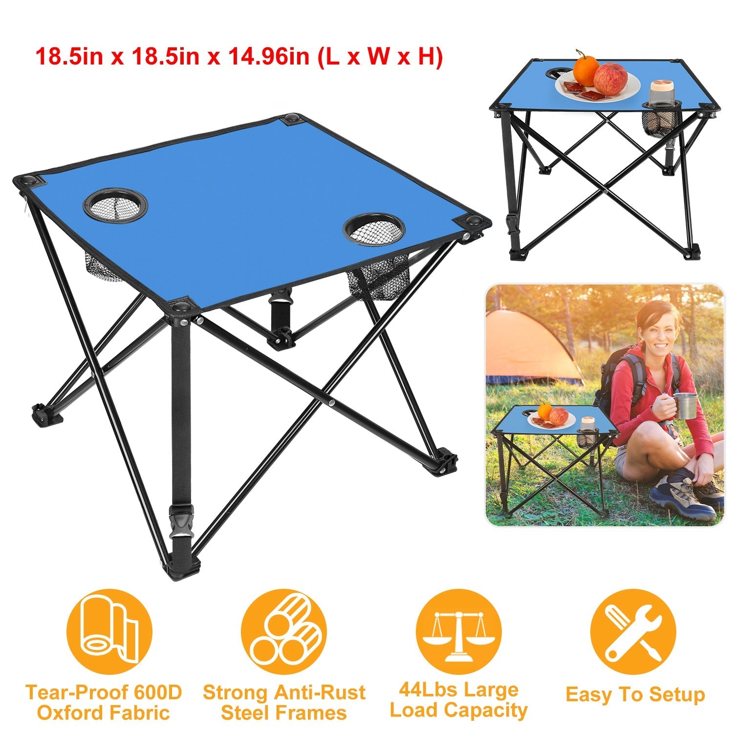 GemGear foldable camping table blue top with 2 cup holders and carrying bag on Tampa Home & Garden Store