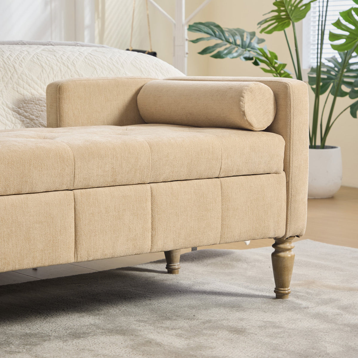 End-of-bed storage bench beige chenille by HouseOfZazla with flip-top storage and wood legs on Tampa Home & Garden Store