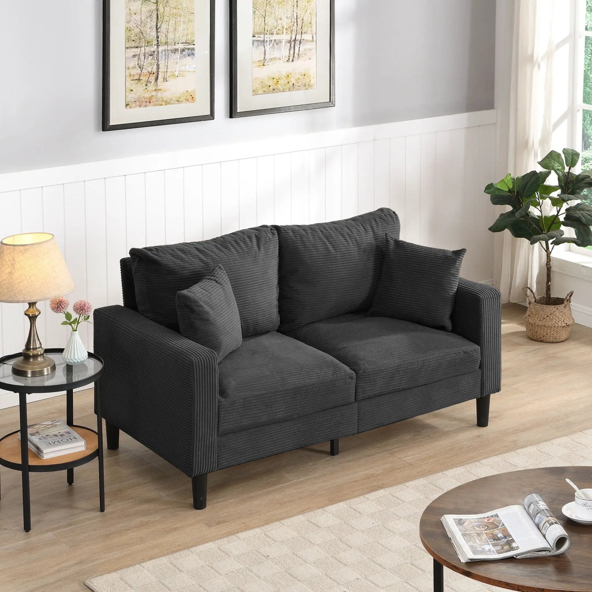 Modern Upholstered Loveseat Sofa charcoal ribbed fabric with black legs by Unique Piece Furniture on Tampa Home & Garden Store