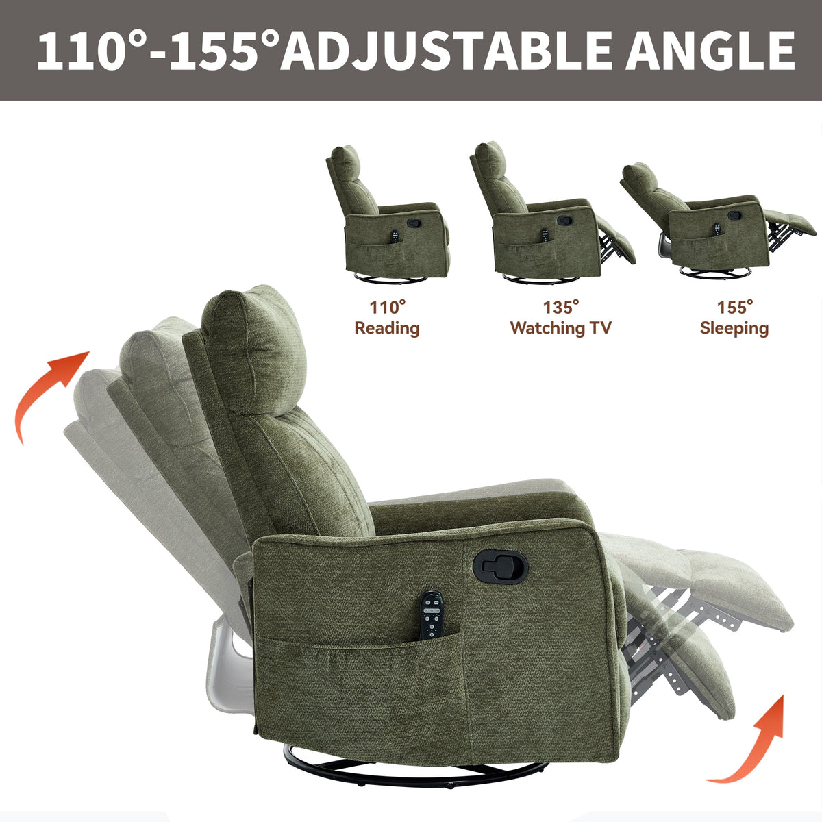 Green Heat Massage Manual Recliner Chairs by HouseOfZazla, set of 3 with side remote pockets on Tampa Home & Garden Store