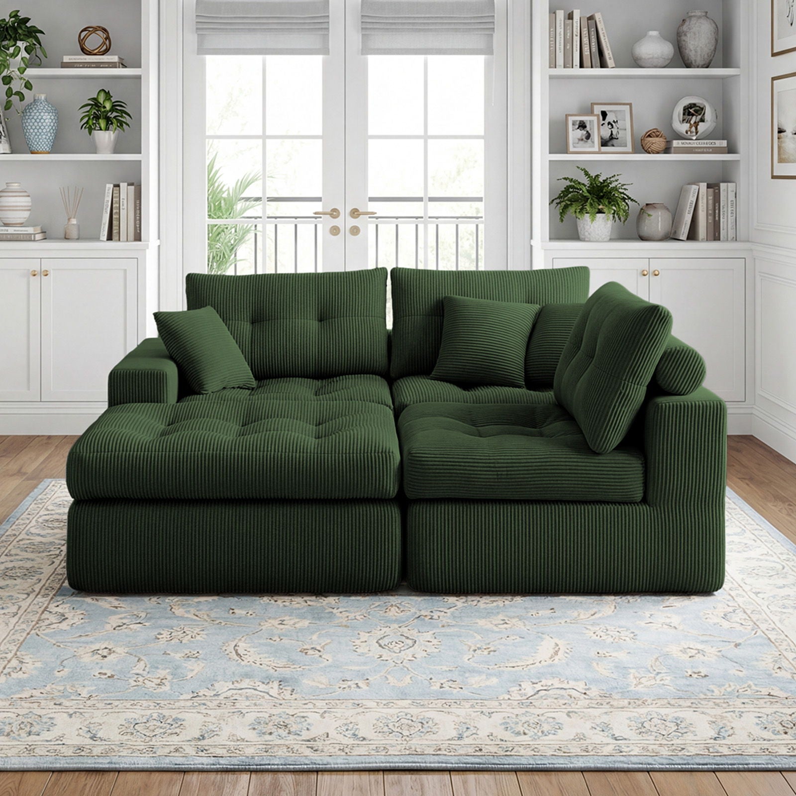 Corner Chaise L-Shaped Sectional Sofa Bed in green ribbed fabric HouseOfZazla 2-piece set on Tampa Home & Garden Store