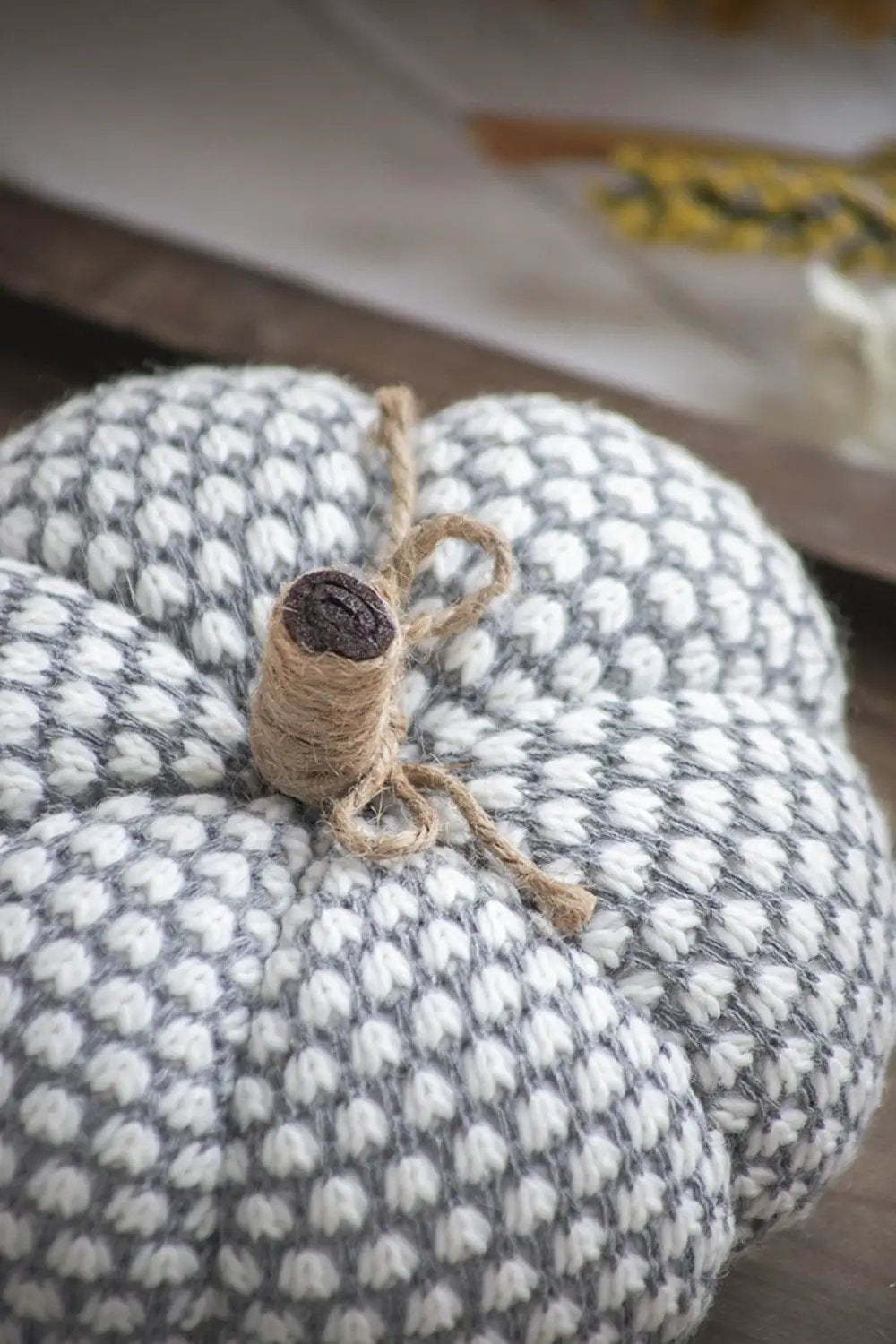 Knite pumpkin ornament in gray knitted fabric with jute stem on Tampa Home & Garden Store