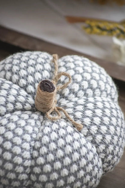 Knite pumpkin ornament in gray knitted fabric with jute stem on Tampa Home & Garden Store