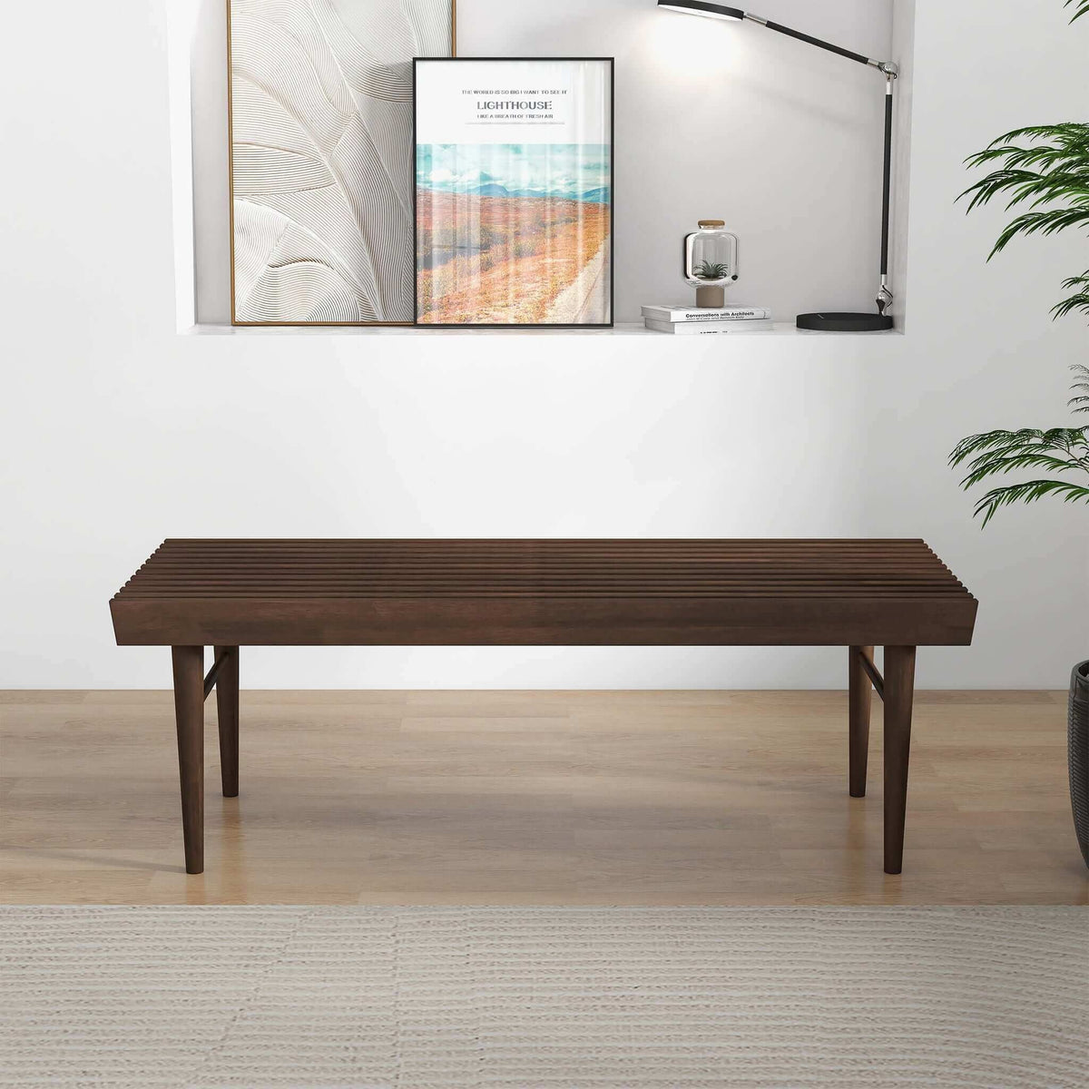 Dark brown wood accent bench with slatted top and solid frame Mia by HouseOfZazla on Tampa Home & Garden Store