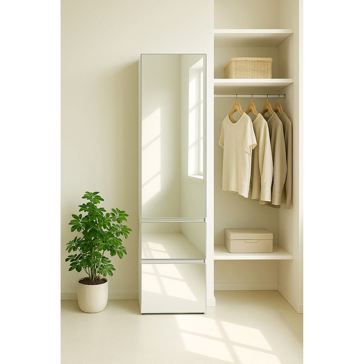 Slim modular closet cabinet with mirror in white; triple wardrobe with hanging rail on Tampa Home & Garden Store