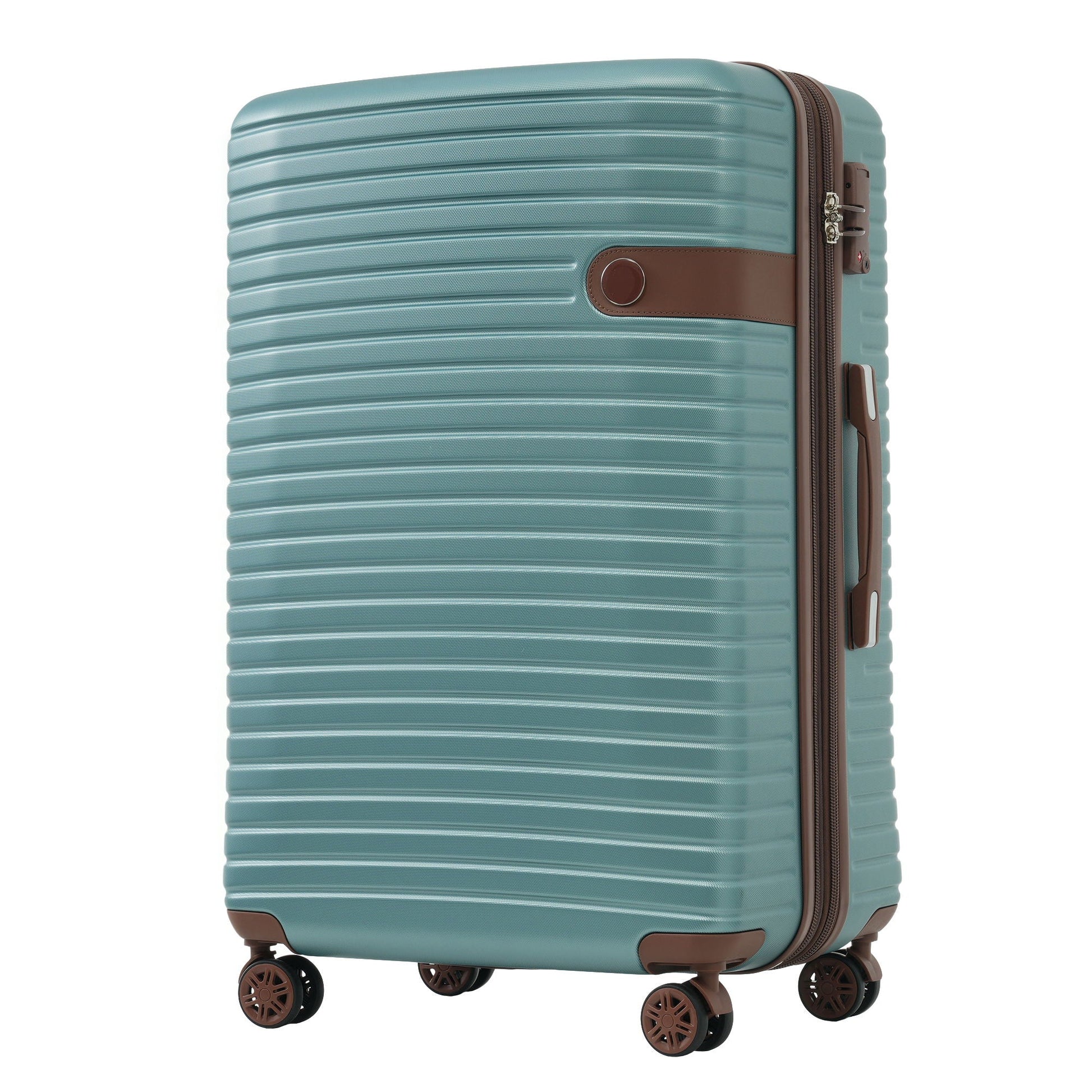 4 Piece Luggage Set hard shell teal suitcase with brown trim and spinner wheels on Tampa Home & Garden Store