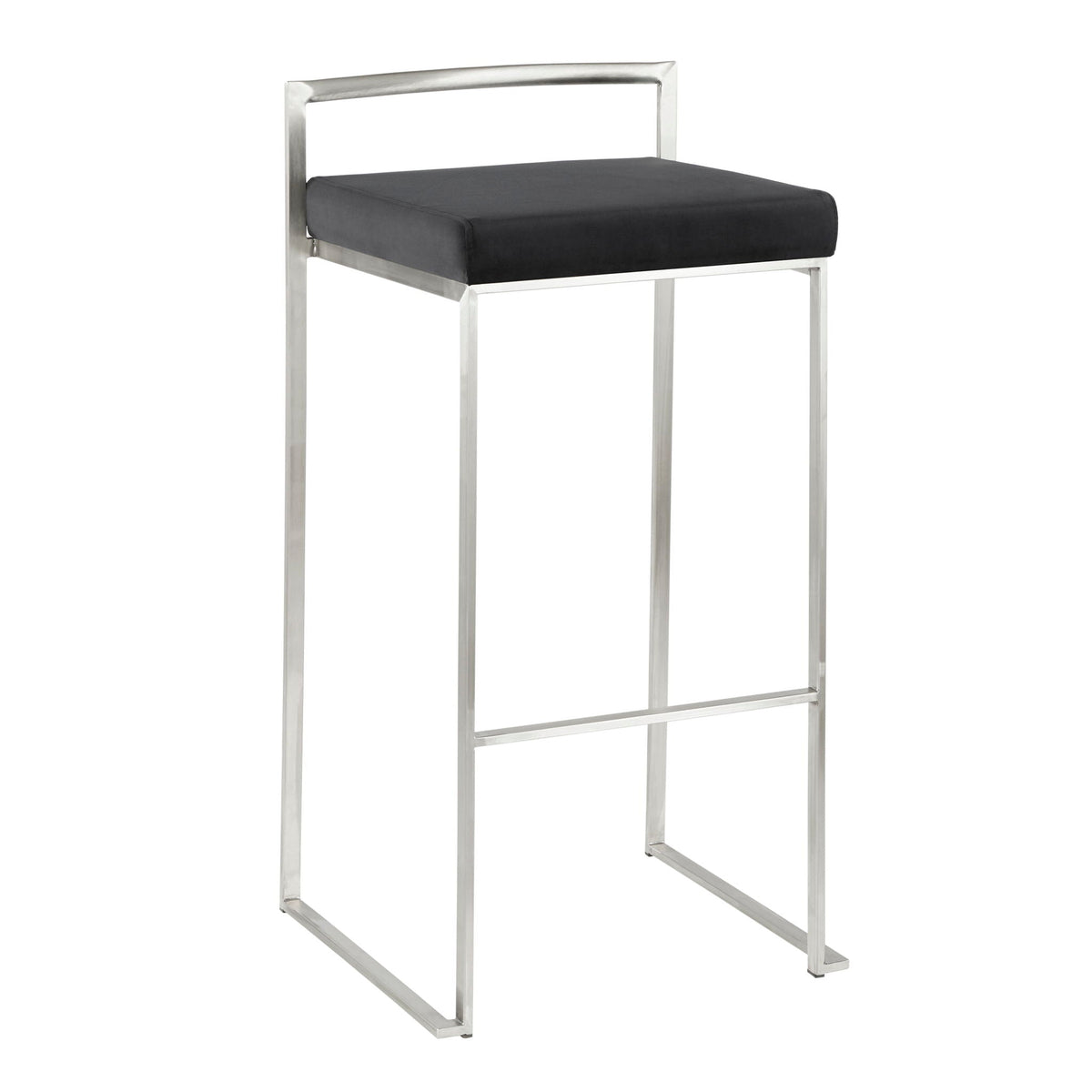 Stackable contemporary barstool with black padded seat and silver metal frame on Tampa Home & Garden Store
