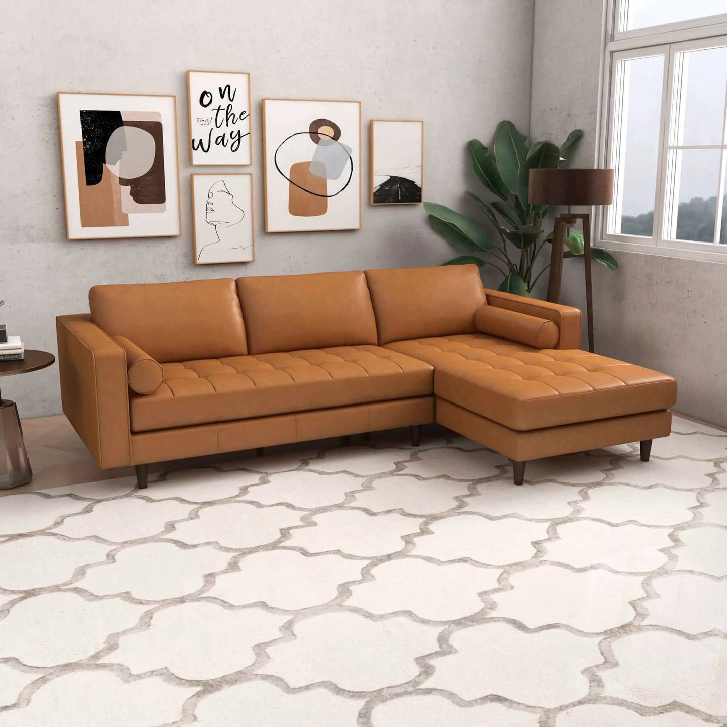 Anthony Corner Sectional Sofa caramel brown leather with tufted cushions Unique Piece Furniture on Tampa Home & Garden Store