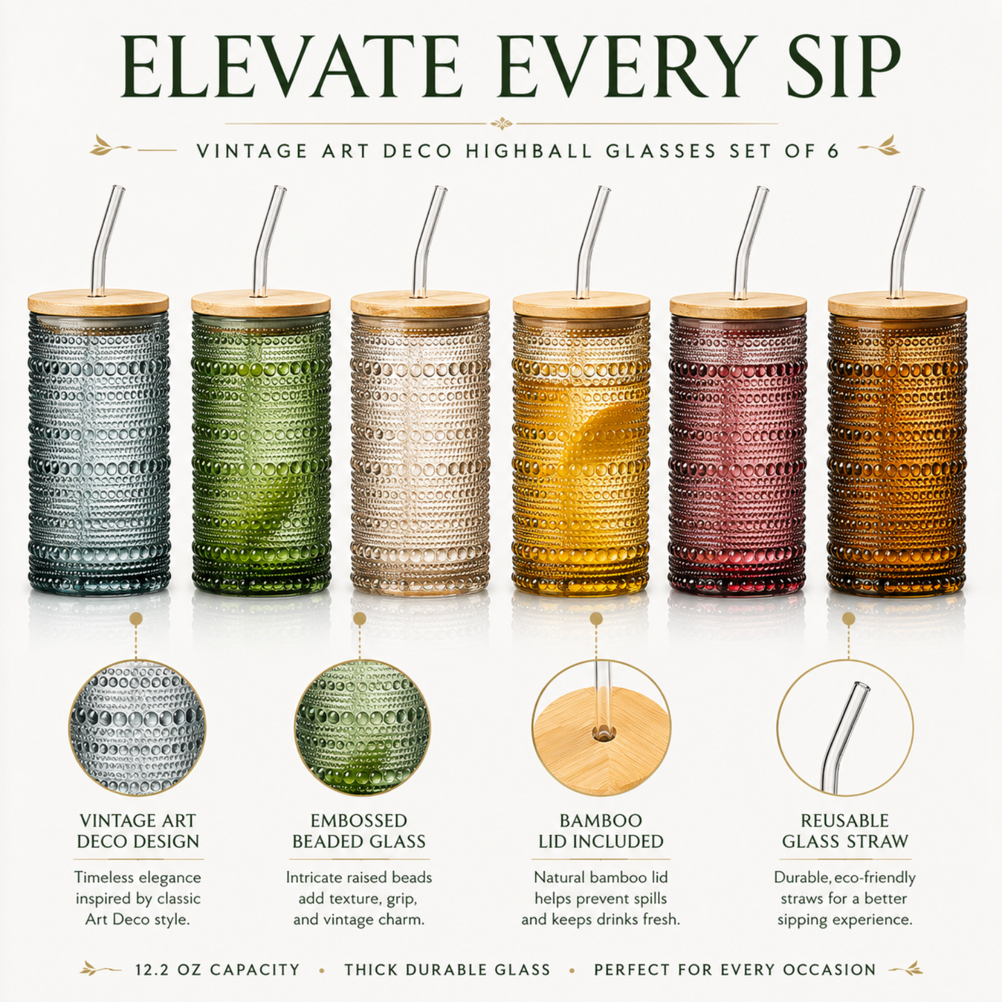 6 Hobnail Highball Glasses With Lids and Straws