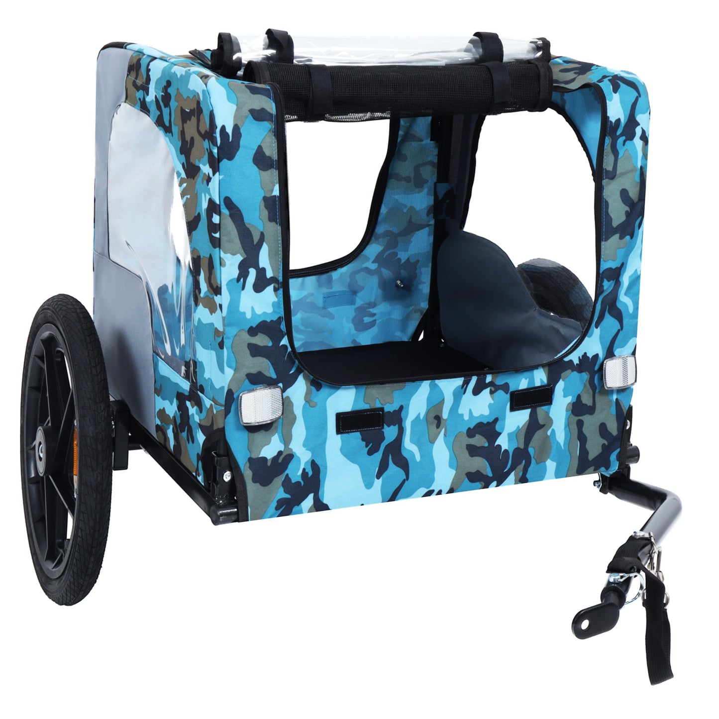 Pet bike trailer HouseOfZazla, heavy-duty collapsible design in blue camo, 16-inch wheels on Tampa Home & Garden Store