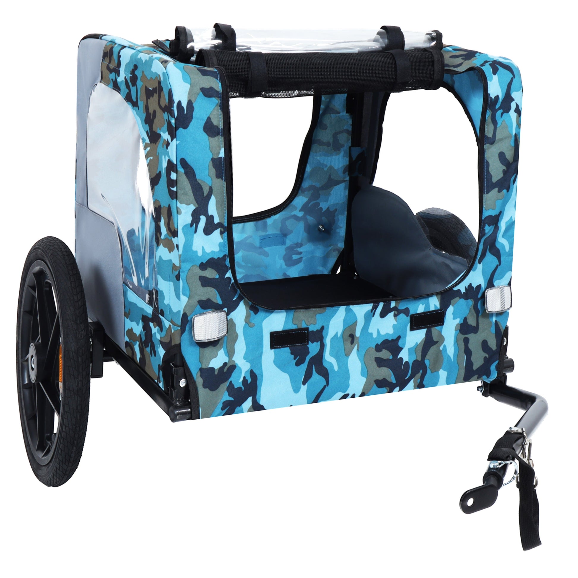 Pet bike trailer HouseOfZazla, heavy-duty collapsible design in blue camo, 16-inch wheels on Tampa Home & Garden Store