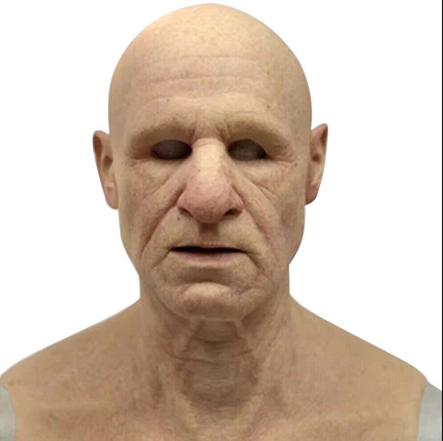 Realistic old man Halloween mask, bald head, deep wrinkles, tan skin, Moktan Sabai masks on Tampa Home & Garden Store