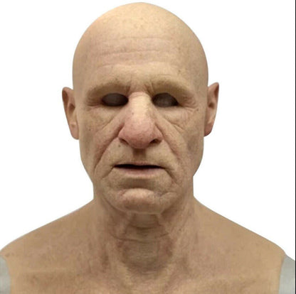 Realistic old man Halloween mask, bald head, deep wrinkles, tan skin, Moktan Sabai masks on Tampa Home & Garden Store