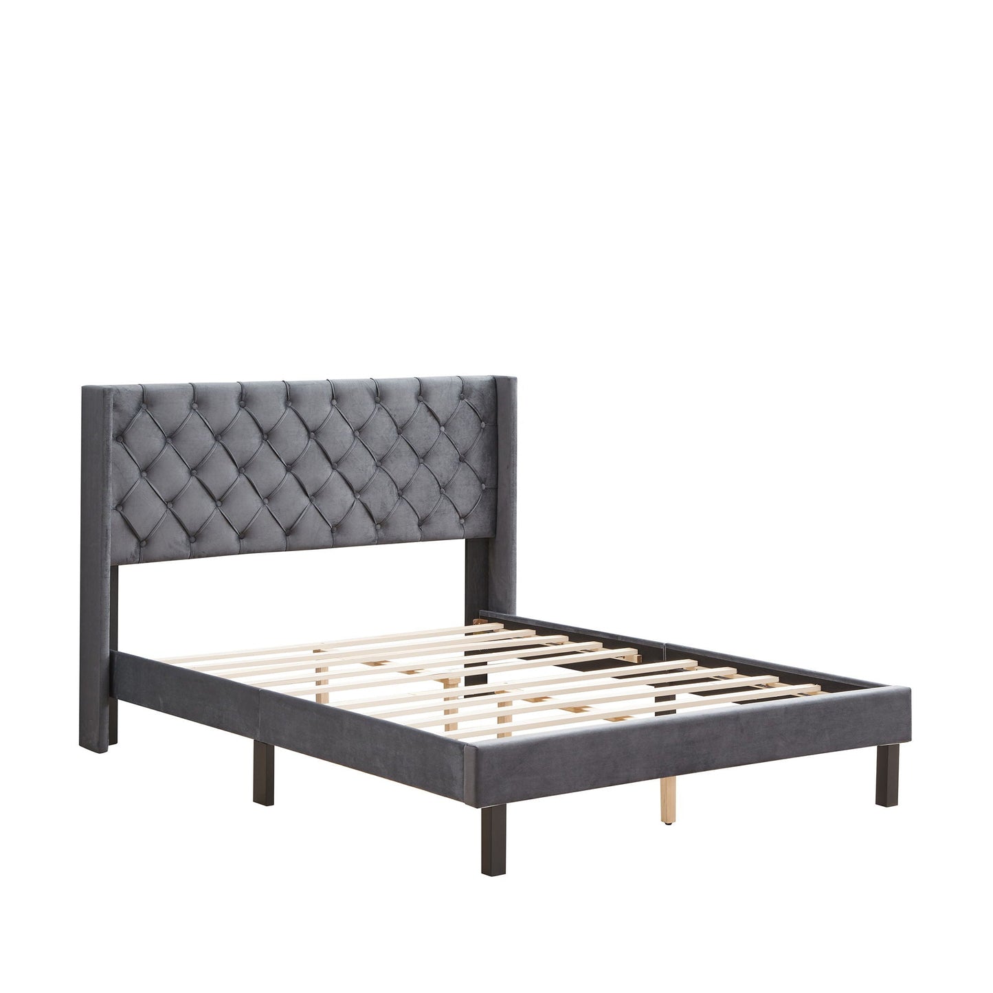 Queen platform bed in gray velvet with tufted diamond headboard and sides by HouseOfZazla on Tampa Home & Garden Store