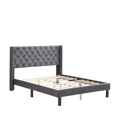 Queen platform bed in gray velvet with tufted diamond headboard and sides by HouseOfZazla on Tampa Home & Garden Store