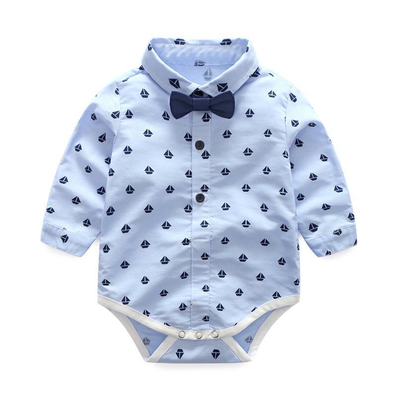 Baby boys bow-tie romper set by Stevvex in light blue with navy sailboat print, sleeves on Tampa Home & Garden Store