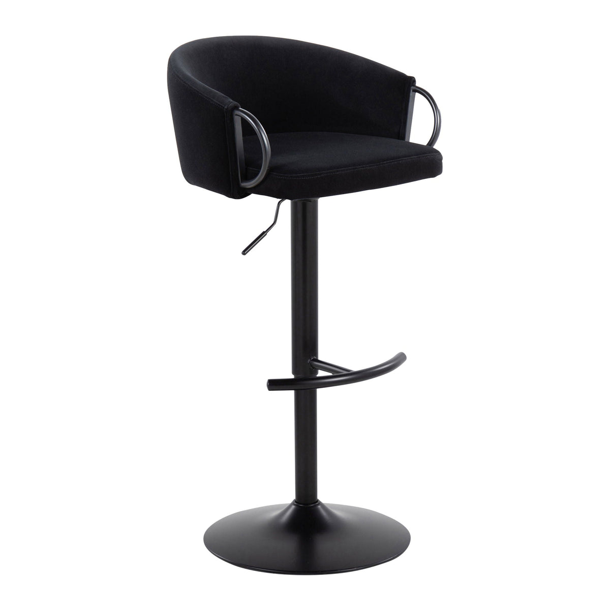 Adjustable swivel barstool black with rounded T-footrest and padded seat, pedestal base on Tampa Home & Garden Store
