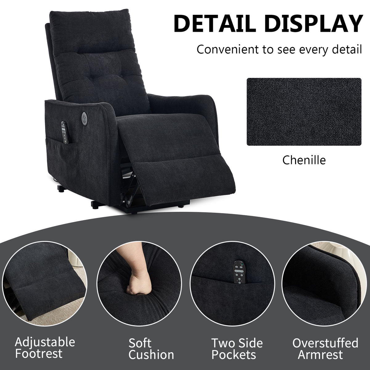 Black chenille single-motor power lift recliner chair with side pockets and plush cushions on Tampa Home & Garden Store