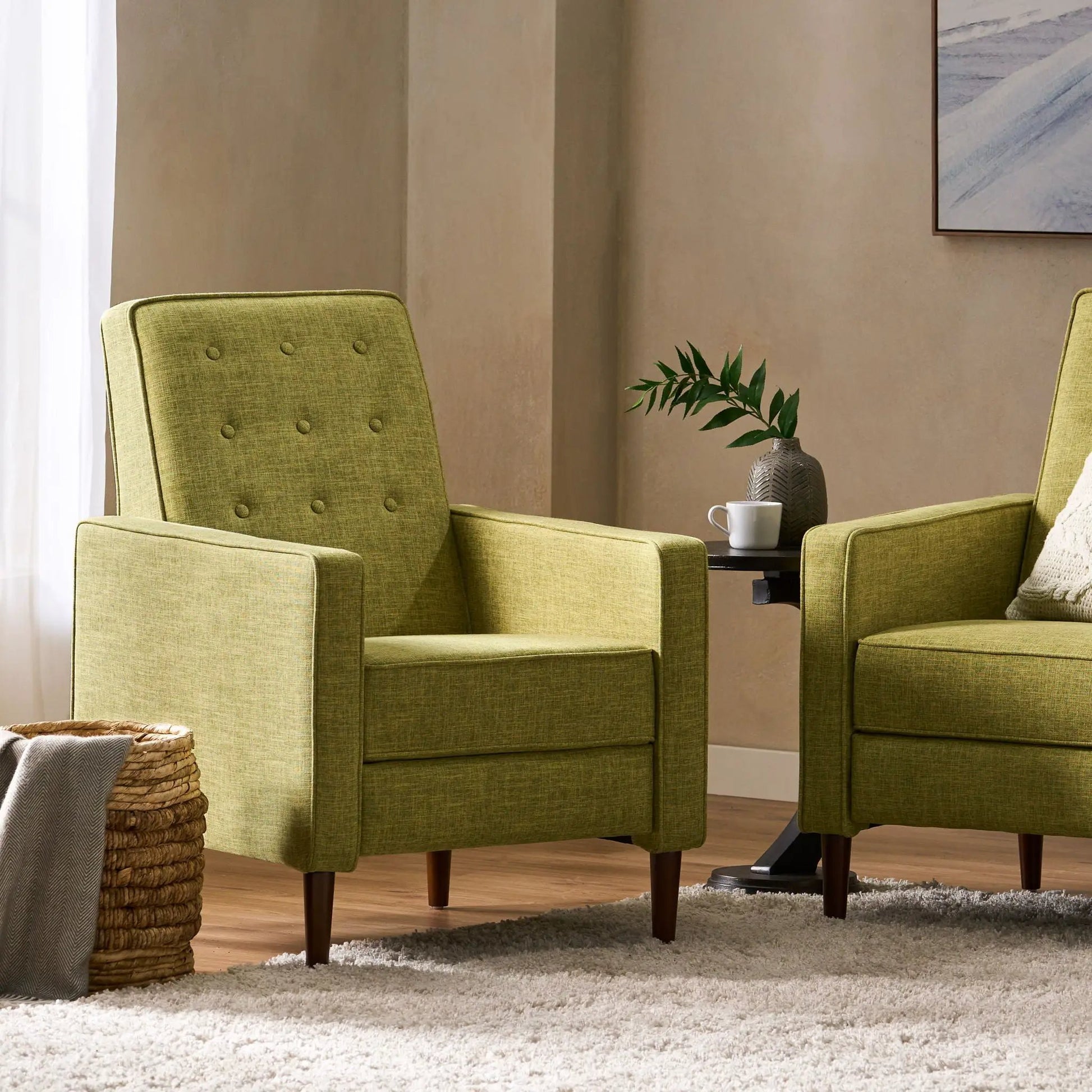 Mid-Century Modern Recliner olive with button tufting and waffle stitch by Unique Piece on Tampa Home & Garden Store