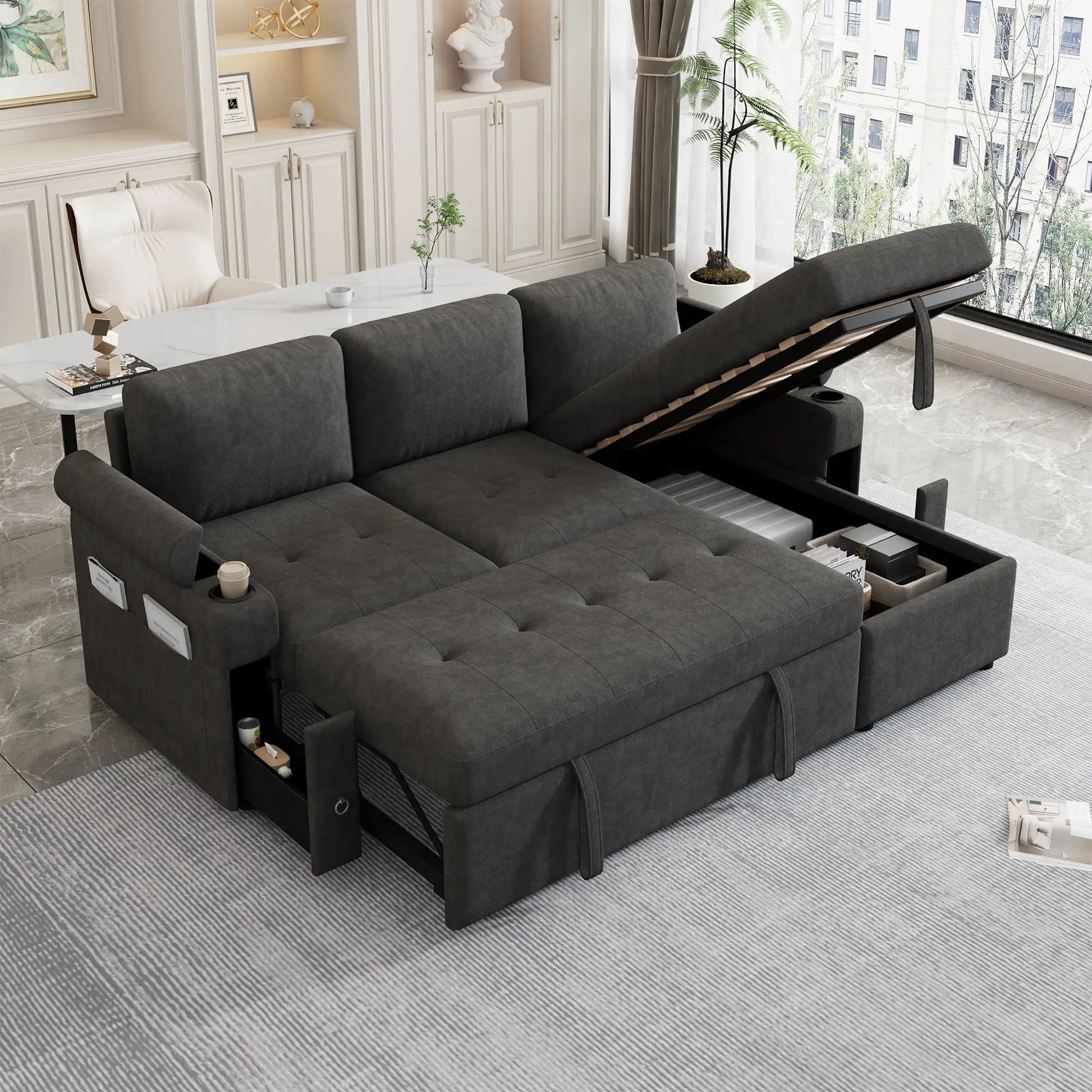 Convertible L-shaped sofa with storage, USB ports and cup holders in charcoal on Tampa Home & Garden Store