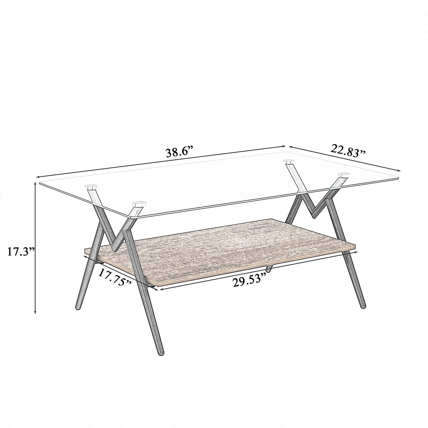 Rectangle coffee table with tempered glass top and wood lower shelf, metal X-frame legs on Tampa Home & Garden Store