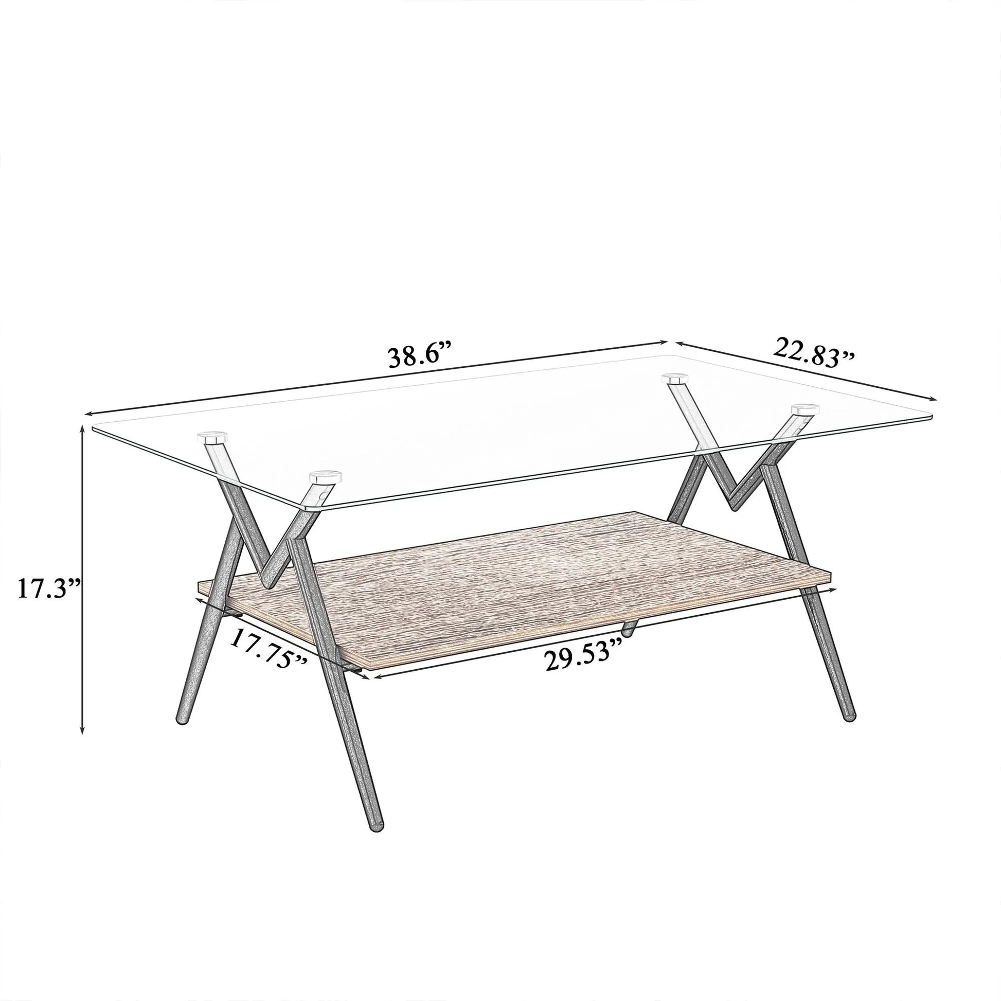 Rectangle coffee table with tempered glass top and wood lower shelf, metal X-frame legs on Tampa Home & Garden Store