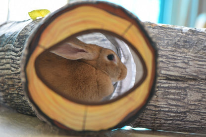 Tree Pattern Tunnel pet toy by Sell My Stuff, woodgrain log tunnel with rabbit inside on Tampa Home & Garden Store