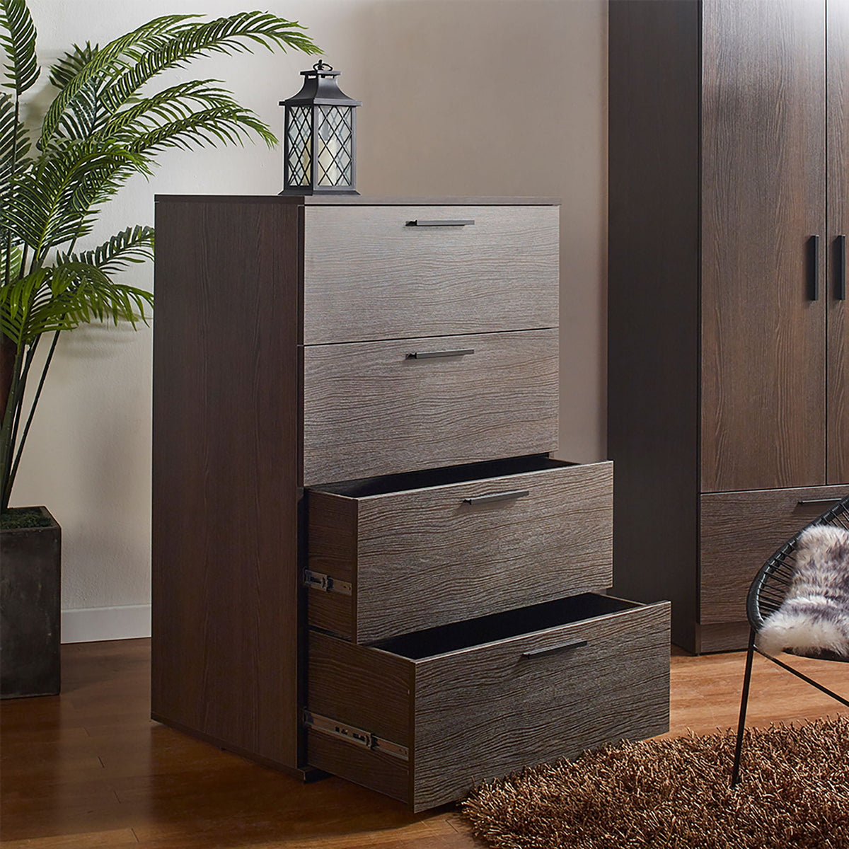 Oliver Farmhouse Jumbo Chest with 4 drawers by HouseOfZazla, wood body with gray fronts on Tampa Home & Garden Store