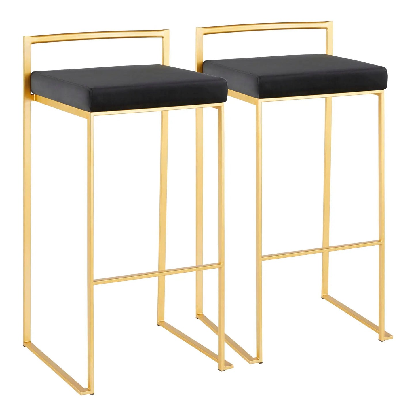 Fuji Contemporary Glam Barstool set with gold metal frames and black cushions, 2 stools on Tampa Home & Garden Store