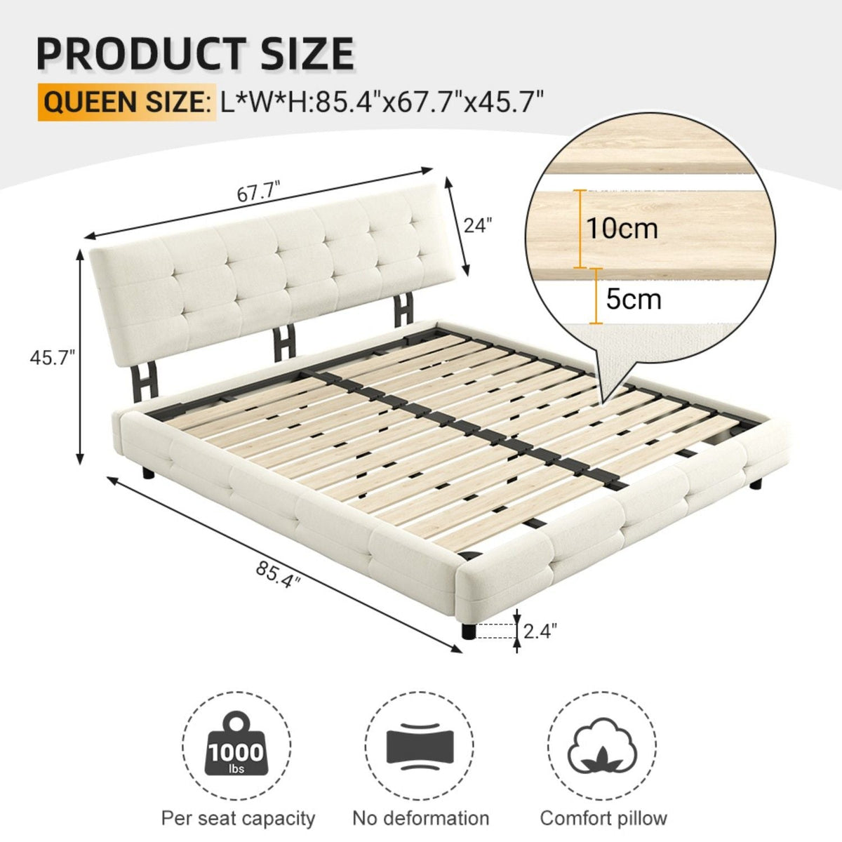 HouseOfZazla tufted white upholstered bed with headboard and slatted wood base on Tampa Home & Garden Store