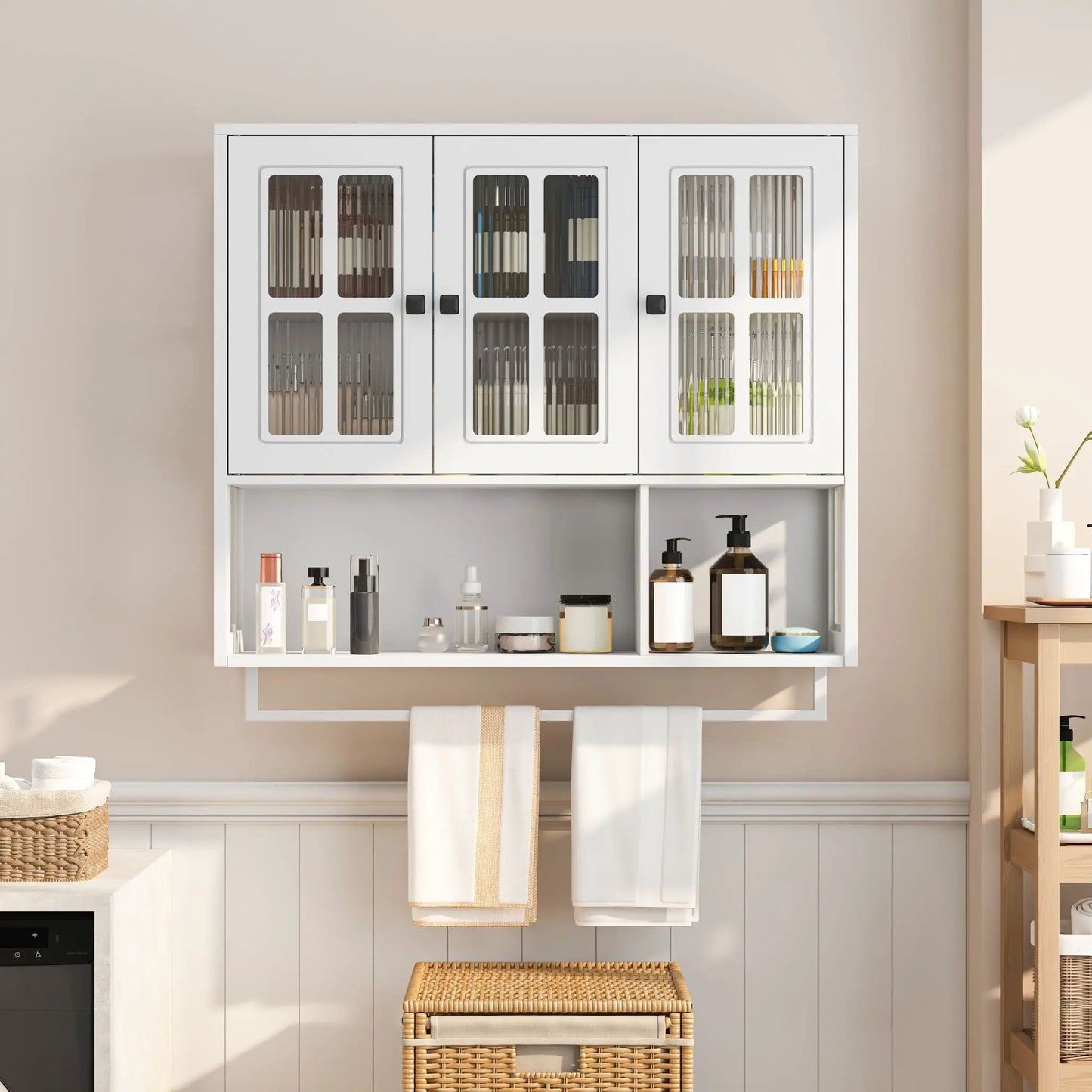 White 3-door wall display cabinet with glass doors and towel bar by Unique Piece Furniture on Tampa Home & Garden Store