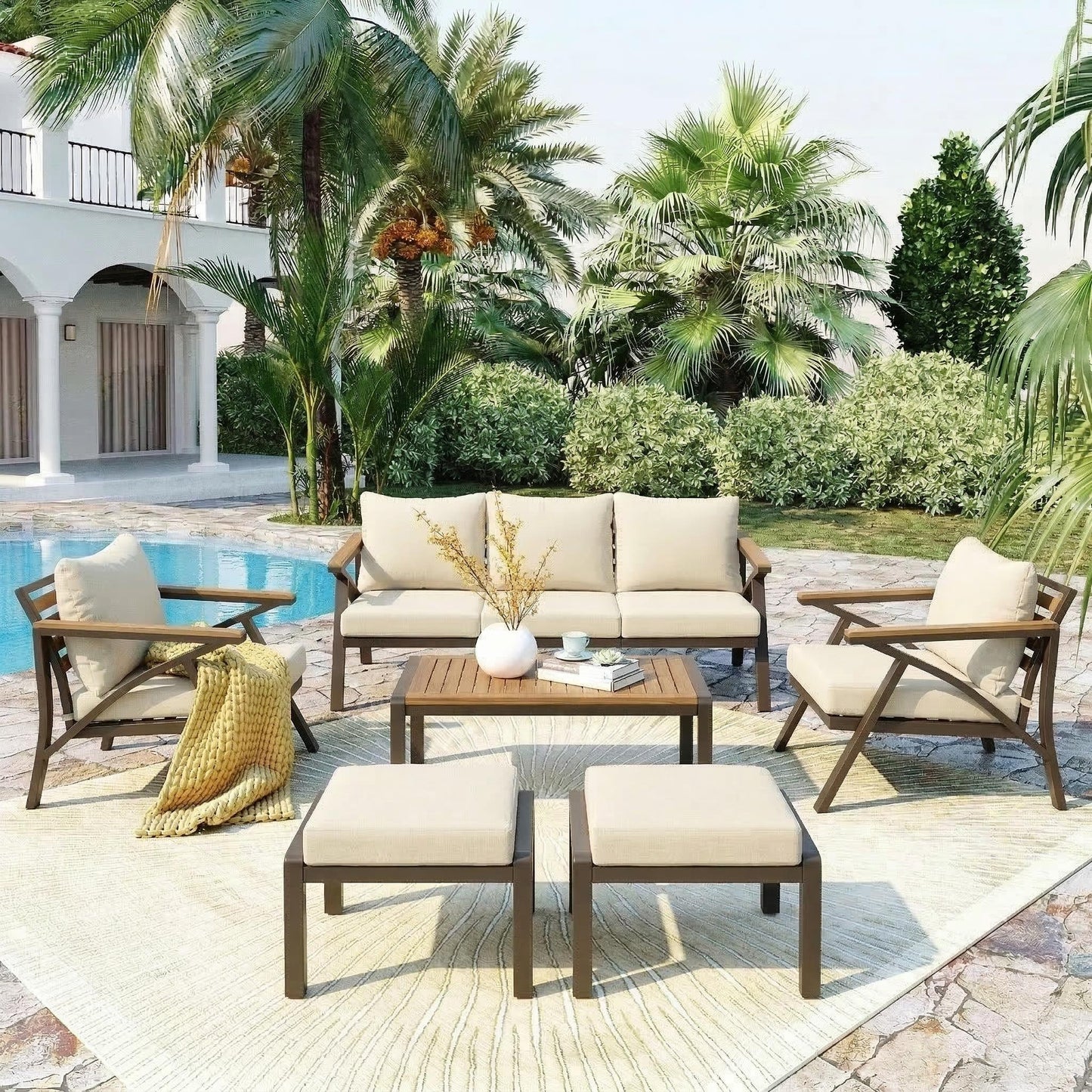 6-piece patio furniture set with steel frame sofa and acacia wood table poolside backyard on Tampa Home & Garden Store