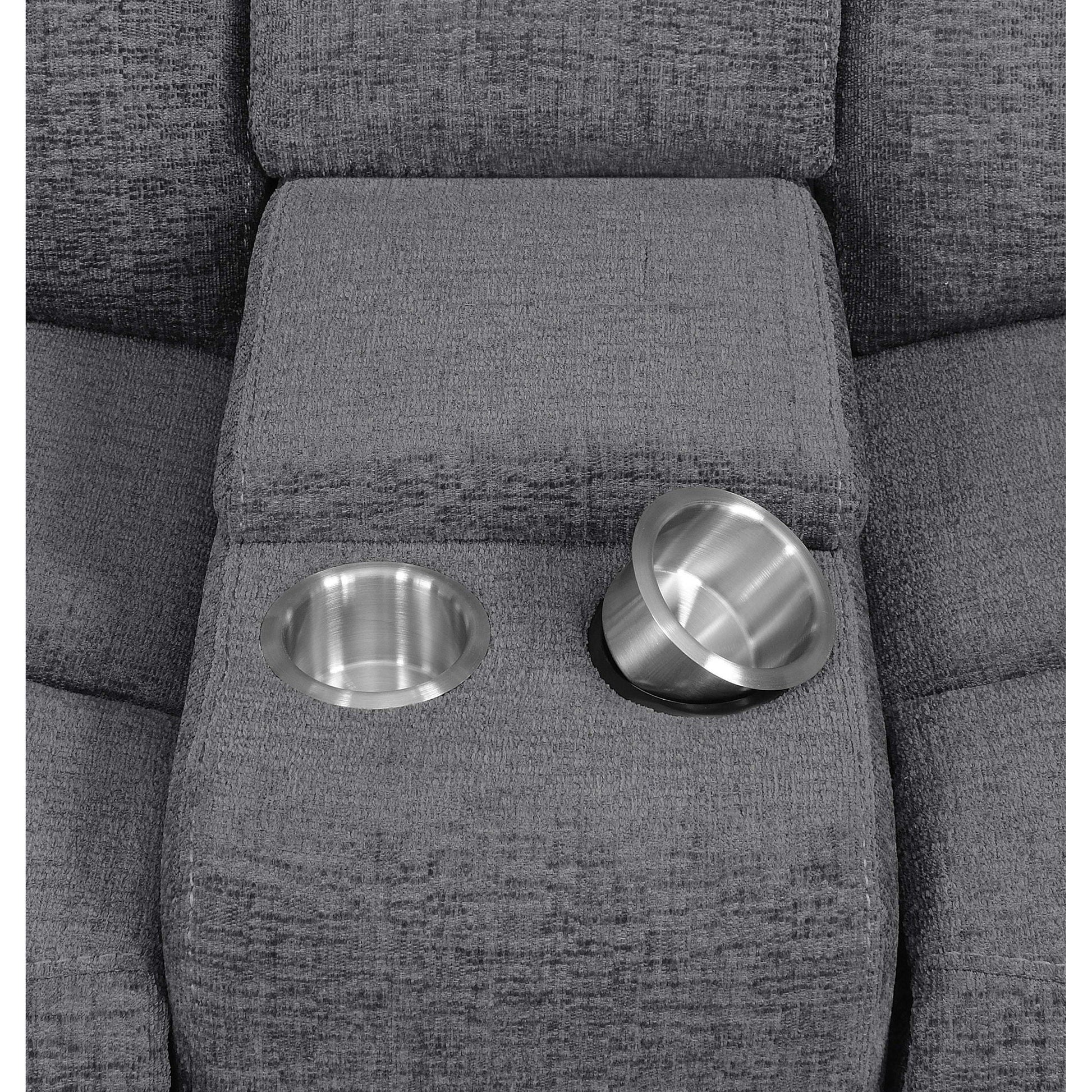 Divine 6 Piece Reclining Sectional cushions in gray fabric with stainless steel bowls on Tampa Home & Garden Store