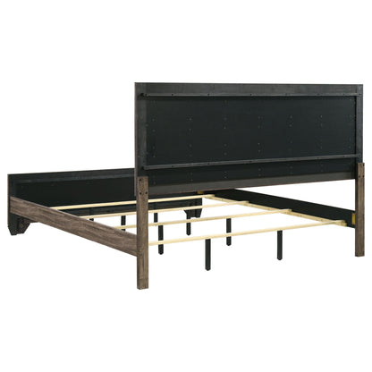 Oatfield Panel Bed by HouseOfZazla in black wood with riveted panel headboard and slat base on Tampa Home & Garden Store