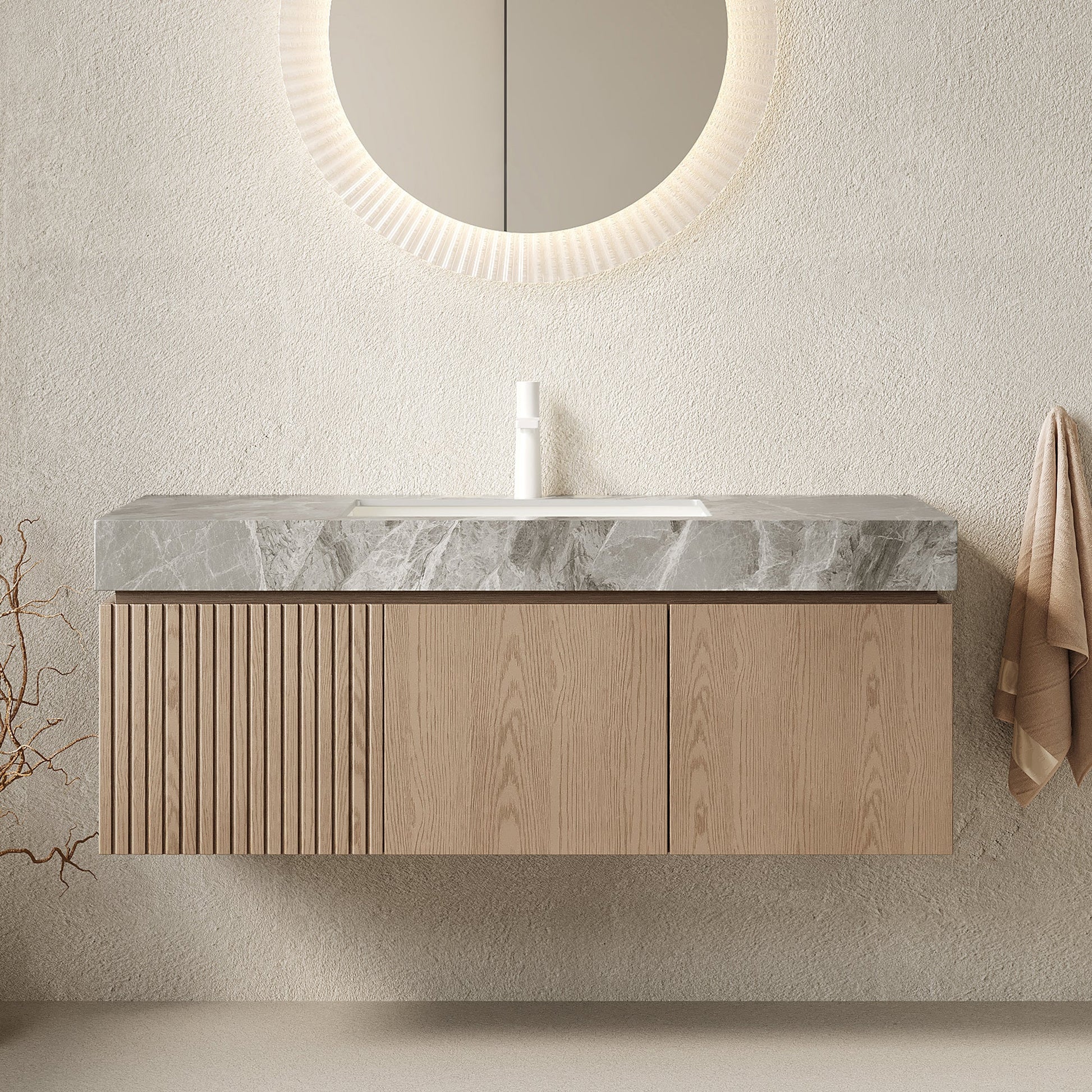 Floating MURI 48in bathroom vanity with gray marble top and grooved plywood base on Tampa Home & Garden Store