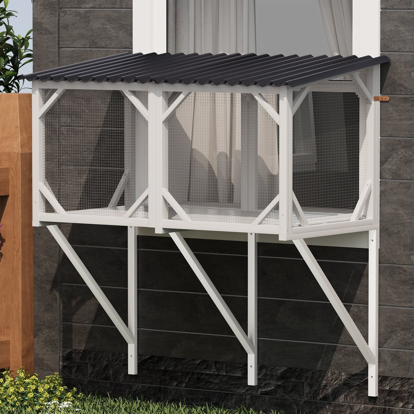 Cat Window Box cage on white wood stand with mesh sides and gray roof HouseOfZazla on Tampa Home & Garden Store