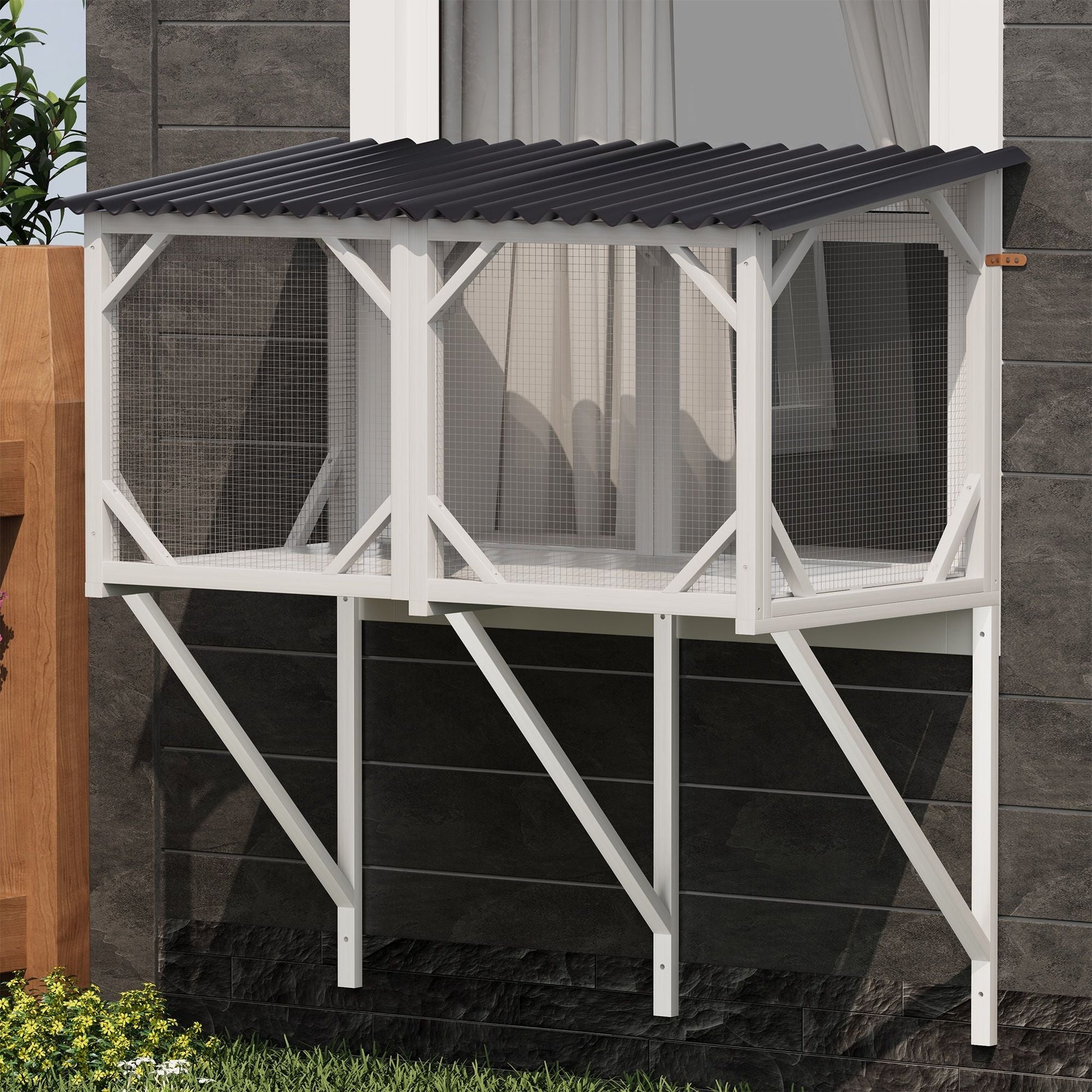 Cat Window Box cage on white wood stand with mesh sides and gray roof HouseOfZazla on Tampa Home & Garden Store