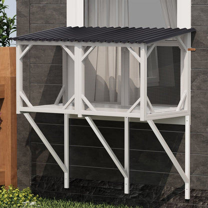 Cat Window Box cage on white wood stand with mesh sides and gray roof HouseOfZazla on Tampa Home & Garden Store