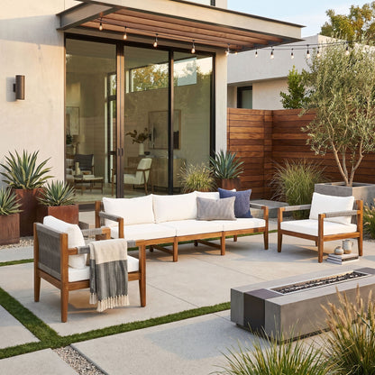 3 Piece Outdoor Sectional Sofa Set with white cushions and wood frame on a modern patio on Tampa Home & Garden Store