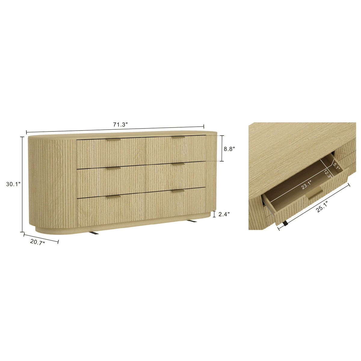 Olivia Oak double dresser with 6 drawers, curved front, vertical grain, HouseOfZazla on Tampa Home & Garden Store