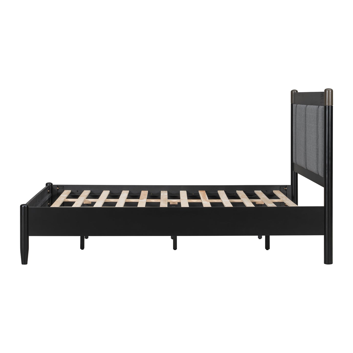 Solid wood queen bed frame with black finish and gray upholstered headboard on sturdy posts on Tampa Home & Garden Store