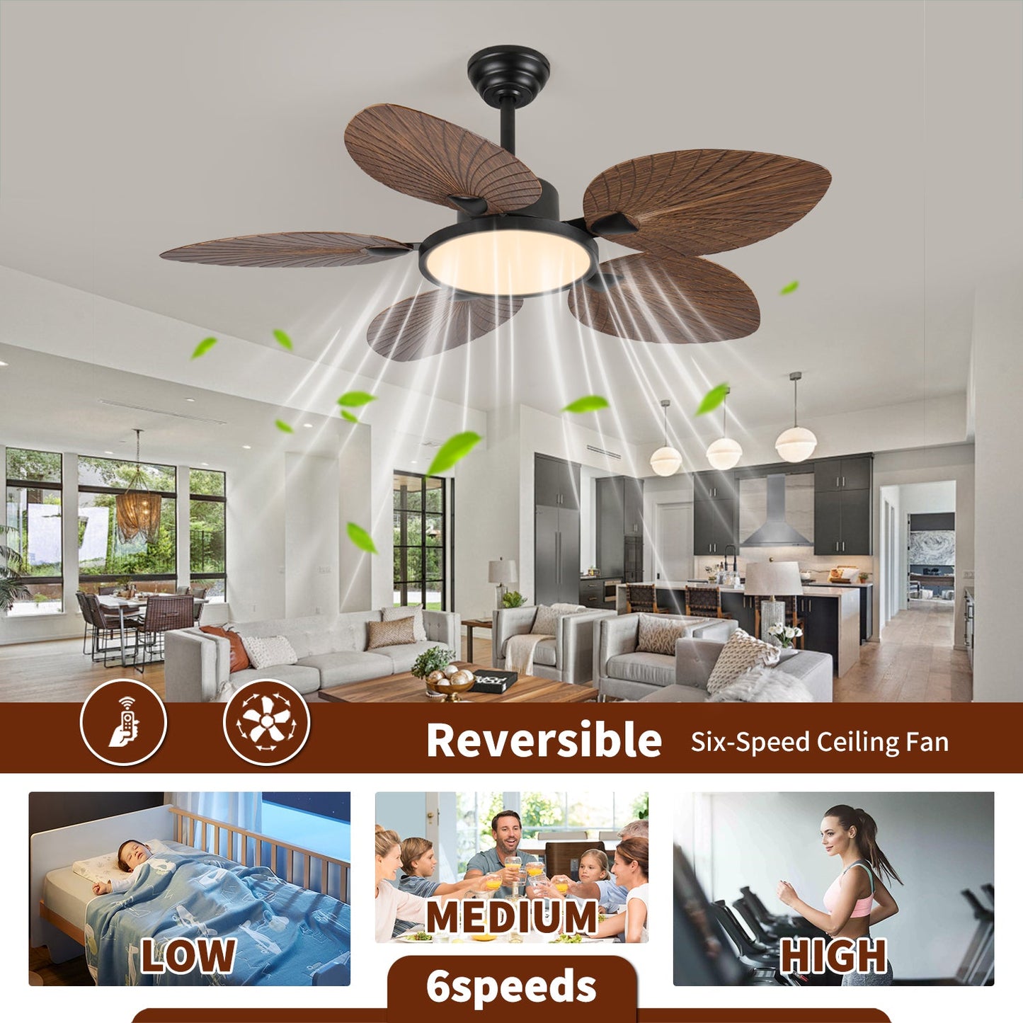 52-Inch tropical palm-leaf ceiling fan with light and remote brown blades in modern living room on Tampa Home & Garden Store