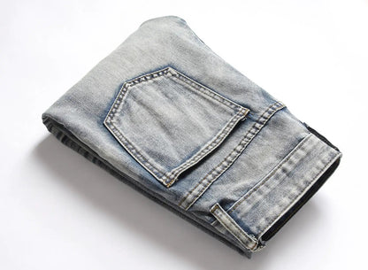 Men's light-wash European And American Nostalgic jeans, folded denim with back pocket on Tampa Home & Garden Store