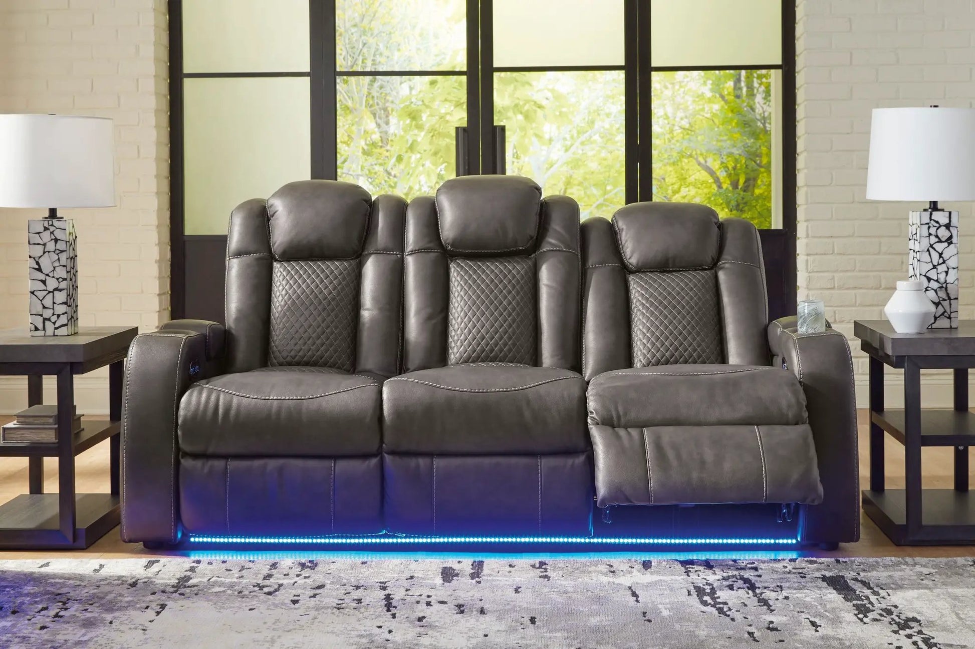 Fyne-dyme power reclining sofa with adjacent headrests in gray leather by Unique Piece Furniture on Tampa Home & Garden Store