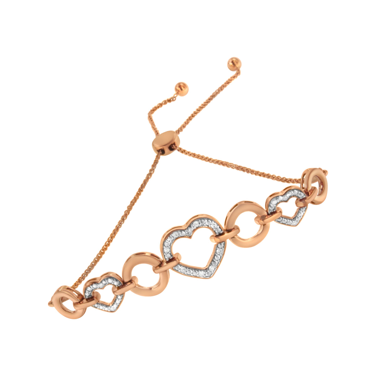 Bracelet 14K rose gold plated diamond accent circle & heart bolo, adjustable 6–10 in on Tampa Home & Garden Store