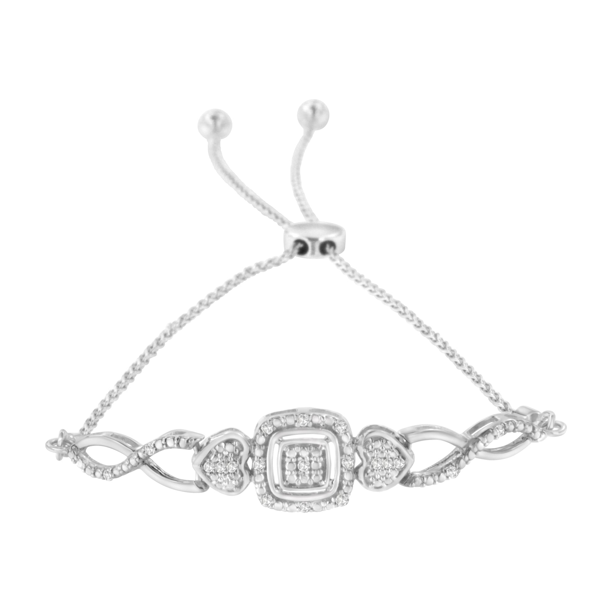 Bracelet: Bids.com sterling silver diamond bracelet with cushion-frame hearts, adjustable bolo on Tampa Home & Garden Store