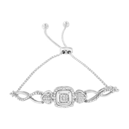 Bracelet: Bids.com sterling silver diamond bracelet with cushion-frame hearts, adjustable bolo on Tampa Home & Garden Store