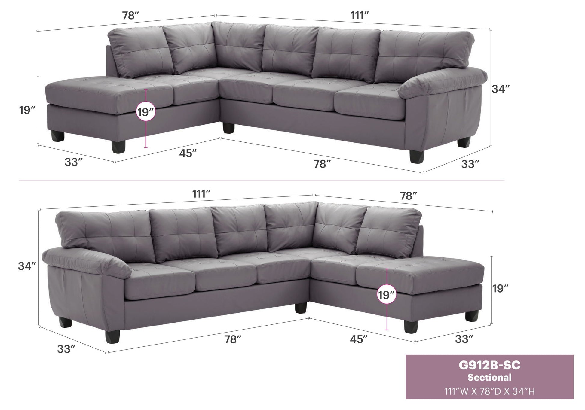 Gallant stationary sectional by HouseOfZazla with plush cushions in gray upholstery on Tampa Home & Garden Store